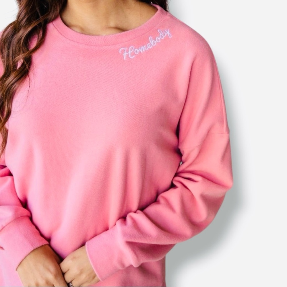 Grace+Emma Size XSmall Pink Embroidered “Homebody“ Micro-Fleece Top Poly-Spandex